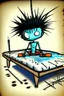 Placeholder: 2d drawing of a stickman, cool with punk hair, x eyes like in hangman, laying down flat on somach on massage table,3d realistic in colour