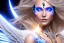 Placeholder: A beautiful portrait of a cute smiling cyber woman with wings, long blond platinum hair, luminous blue eyes, high key lighting, volumetric light high details with blue and white stripes white luminous celtic paterns, beam starry background