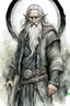 Placeholder: ink wash and watercolor illustration of an ancient grizzled, gnarled elf vagabond wanderer, long, grey hair streaked with black, highly detailed facial features, sharp cheekbones. His eyes are black. He wears weathered roughspun Celtic clothes, emaciated and tall, with pale skin, full body , thigh high leather boots and has a dark malevolent aura within swirling maelstrom of ethereal chaos in the comic book style of Bill Sienkiewicz and Jean Giraud Moebius , realistic dramatic natural lighting