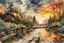 Placeholder: Urban sketch of a beautiful forest in ink and watercolor, storm clouds, full sunset, flowers, kurved path, old wood bridge, gull Modifiers: beautiful award winning