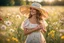 Placeholder: canon photo from a young woman, elegantly adorned in a summer hat and a summer dress stands in the center of a vast field. Her perfect face happy, a gentle smile playing on her lips as she feels the warm embrace of the sunshine and the tender kiss of a soft summer breeze. The meadow is a canvas of harmony with a dazzling array of wildflowers that dance and sway in the little wind. The blue sky and sunshine, high reality, detalied, photoreal, stunning