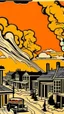 Placeholder: An orange western town covered in smoke painted by Roy Lichtenstein