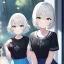 Placeholder: Clear focus, High resolution, light grey short hair, dark green eyes, wearing a black t-shirt and blue skirt, fluffy hair, detailed outfit