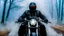 Placeholder: The photograph of a Knight Rider person dressed in a black motorcycle cloths riding a motorcycle through a foggy atmosphere. The rider's face is obscured by the fog, the scene with mystery mood. blur background with fog, mystic, fantasy etheral mood