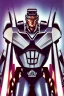 Placeholder: Fotoretrato de un transformer de 1980, debe ser algo decadente. Vibrante en colores, solo su cara es un retrato. Megatron.