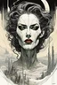 Placeholder: create a highly ethereal, darkly magical surrealist portrait illustration of the mother of vampires, Lamae Bal, with highly detailed and deeply cut facial features, in the chaotic, turbulent, otherworldly landscape of Coldharbour in the comic art style of BILL SIENKIEWICZ and JEAN GIRAUD MOEBIUS, searing lines and forceful strokes, precisely drawn, inked, and darkly colored