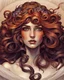 Placeholder: Tile hair, flaming lips, eyes seeking eternity, leader of the witch community, coppery tresses tumbled about her face, tremendous facial anatomy, meaningful beautiful brown eyes, wavy purplish hair, one third rule, trending on top of Art station, by Alphonse Mucha"