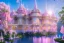 Placeholder: a magical crystal flower magnolias pink gold house palace castle in the woods, magnolias pink,blue lake,sun,white swanns,pink vertical, blue lake,sharp, vines, candlelit, endor, ornate, elegant, highly detailed, artstation, concept art, smooth, sharp focus, illustration, 8k, splash art, wallpaper, key visual