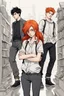 Placeholder: two boys with ginger hair plus a teenage punk girl with dark hair are standing in characteristic book cover-style poses. They are young amateur detectives. White background, mysterious atmosphere