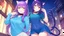 Placeholder: 2Girl, purple hair, cat ears, cat tail, blue skirt, open navel, short green shirt, night in town ,with tongue out, collar on neck