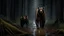 Placeholder: Cruce de Rottweiler y oso pardo en bosque oscuro lluvioso, presencia masiva, gotas de lluvia suspendidas, atmósfera intimidante