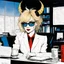 Placeholder: [in her dark office with a pervert smile, by Ralph Steadman] Name: Nancy Occupation: Mid-level Contract Demon at Infernal Affairs Inc. Features: Hair: blonde with a sauerkraut hairdo Skin: light Eyes: blue Build: athletic and curvy Extra Details: small horns