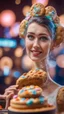 Placeholder: portrait of cute woman with cookie and gel mask , baker of the highest many storied advanced art cake sculpture during a casino game show, bokeh like f/0.8, tilt-shift lens 8k, high detail, smooth render, down-light, unreal engine, prize winning