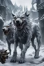 Placeholder: frost hellhound with five heads in ruins of medival town