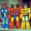 Placeholder: Optimus prime, bumblebee and ratchet at the standup comedy show 1990, sitcom style tv show.