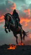 Placeholder: A black hooded with cane horse , man on a black wild horse jumping on fire ,red clouds in the sky with storm and cinematic scene 4k