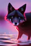 Placeholder: Black fox glowing eyes playing in water sunset