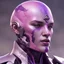 Placeholder: light-pink skinned human with purple cross on chins, futuristic paladin