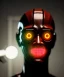 Placeholder: Ultra realistic photographic night portrait, cinematic, African woman, shave head, <hanging wires> <retro monitor> many wires coming out of the head <perfect pupil> <cyborg arm> <garage> <wide angle Shot> <steampunk> <thriller>, led lights, color fog, soft color, highly detailed, unreal engine 5, ray tracing, RTX, lumen lighting, ultra detail, volumetric lighting, high definition.