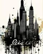 Placeholder: Stylized text: "Chicago". A textured abstract Chicago cityscape with Bean statue in black wet ink on a distressed beige canvas. The skyline consists of jagged, dripping skyscrapers and distorted structures resembling a heartbeat, blending architecture with cardiac patterns, while splatters and streaks give a chaotic, expressive energy. The rough, weathered background contrasts with the bold black forms.