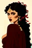 Placeholder: striking Romani woman with smoldering, kohl-rimmed brown eyes that seem to hold centuries of untold stories, her gaze both melancholic and magnetic. Her full lips part slightly as if whispering a half-remembered incantation, while a cascade of wild, raven-black curls tumbles over one shoulder, entwined with gold coins and crimson ribbons. The muted palette—burnt ochre, deep plum, and shadowy sepia—evokes Gustav Klimt’s gilded eroticism, but with Aubrey Beardsley’s sinuous, ink-like precision in