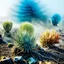 Placeholder: A striking quality photograph captures a wasteland with groups of plants, creepy, details of the dust very accentuated, glossy organic mass, adorned with minerals and rocks. Bathed in intense light, eerie, Max Ernst style, blue sun, fog