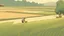 Placeholder: Rice field，Trees，Warm color palette，Animation，A lovely grasshopper，People who work