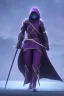 Placeholder: girl in futuristic ninja armor, cloak, two swords, glowing purple armor, fighting pose