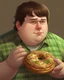 Placeholder: Portrait d'un jeune homme mangeant un grand donut, ultra obèse; cheveux bruns et teint blanc, porte une chemise à carreaux de couleur vert olive. HD portrait, Artstation