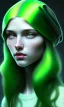 Placeholder: girl, cute, beautiful, long hair, wavy hair, green hair, blue eyes, green beanie, green coat, black tee shirt, head and shoulders portrait, 8k resolution concept art portrait by Greg Rutkowski, Artgerm, WLOP, Alphonse Mucha dynamic lighting hyperdetailed intricately detailed