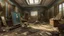 Placeholder: The image is a painting of a room with a high ceiling and a skylight. The room appears to be in a state of disrepair, with broken furniture and debris scattered on the floor and walls. On the right side of the image, there are several framed paintings hanging on the walls. In the center of the room, there is a large statue of Jesus Christ on a cross, with his arms outstretched and a halo above his head. The statue is made of wood and is surrounded by broken pieces of furniture, including a chair