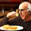 Placeholder: Larry David eating a gold medal at Denny's