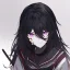 Placeholder: Clear focus, High resolution, rough line sketch art, long black hair, hair between eyes, fluffy hair, purple eyes, wearing a black and red sailor uniform, dark aura, mad, holding katana, bloody mess, glowing eye, looking down on viewer