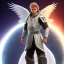 Placeholder: The first image is of the main character's full body. He’s to look like a powerful angel, symbols on his hands glowing, His background should be that of space above with stars and standing on a paradise of a planet. His belt can transform into a white dragon.