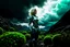 Placeholder: Wide angle photo of a sci-fi woman with blond hair, silver and black futuristic spacesuit looking android-like, standing on a derelict alien jungle planet with cloud trees in multiple green hues