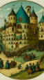 Placeholder: A greenish blue defensive chateau with shields painted by Pieter Bruegel the Elder