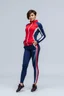 Placeholder: A full-body shot of a beautiful iranian lady wearing sports suit red bluose ,short hair