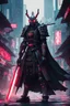 Placeholder: samurai robot in black cloak in a cyberpunk environment and big blood sword