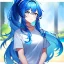 Placeholder: Clear focus, 8k, beautiful lighting, vibrant colors, girl, blue hair, long hair, vibrant white eyes, ponytail, messy hair,