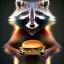 Placeholder: portrait of a anthropomorphic smiling raccoon holding a burger in its hands. artistic lighting, highly detailed, photorealistic, fantasy.