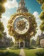 Placeholder: Create a 3d fractal base huge clock on a beautiful tower in a modern town with country houses and green field flowers , with see throgh golden gears rotating , showcasing a harmonious and synchronized movement. fast time passing in a beautiful nature environment