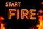 Placeholder: a very big yellow neon sign that say "START THE FIRE!" , black background, fires and sparks, fire explosion