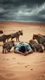 Placeholder: A man laying down on the floor in the desert sands surrounded by hyenas tattacked him and he is laying on the ground to defend himself one of the hyenas attack him from the back and he felts on the ground , stormy weather and cloudy gray depressive rnverment