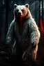 Placeholder: upclose realistic and mysterious photography,12k ultra-high-definition rendering of a scary bear, he is partially a robot, white furr coat, red scratch marks on him, showing thangs,exudes a sinister aura under the Forrest's dark and mysterious lighting