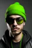 Placeholder: A yung caucasian man with huge black sun glasses and a green winter hat and a res t-shirt