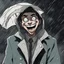 Placeholder: a closeup of a psychopathic young man with white eyes in a heavy coat during a rainstorm laughing cartoon