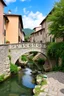Placeholder: Classic picture of a stone bridge in Italian village
