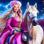 Placeholder: (masterpiece, best quality, 8k, RAW photo, beautiful and aesthetic:1.2), complex detail, Indirect light, photorealistic, (((full body))), 2 Gorgeous Cosmic russian asian goddess smiling, long curved blonde hair, blue eyes, Mixed, sci-fi and traditional russian outfit with pink velvet and white furs and chapka, on a horse companion, a colorfull Sci-Fi environment