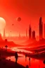 Placeholder: paisaje: ciudad futurista con muchos edificios y personas, atardecer rojizo, poca vegetación, cielo con humo y signos de contaminación, objetos y vehículos futuristas