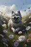 Placeholder: (((Animagine style))), (((Anime 90 style))), Cute grey dog with fluffy and sleek fur trotting through a field of flowers, hyper-realistic